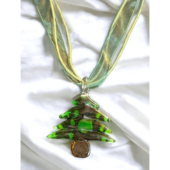 Fused Glass Necklace Christmas Tree Snowman Holiday Jewelry - Picture 5 of 9